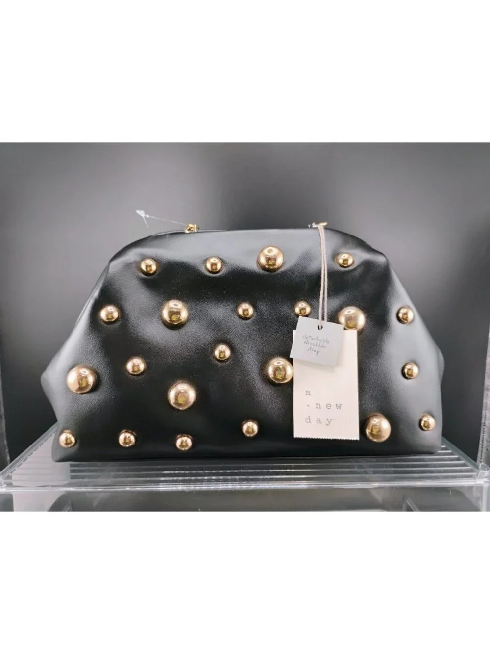 A New Day Black Studded Clutch With Detachable Shoulder Strap